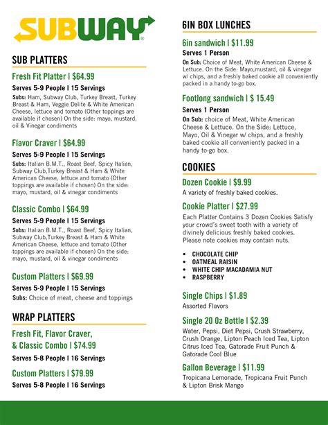View our menu of sub sandwiches, see nutritional info, find restaurants, buy a franchise, apply for jobs, order catering and give us feedback on our sub sandwiches. . Subway catering menu